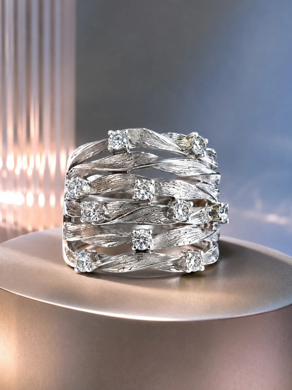 Textured Silver Multi-Row Crystal Ring
